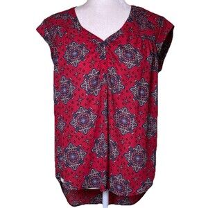 Women Geo Boho Medallion Print Blouse Red Flowy Short Sleeve Top Relaxed Fit Lg